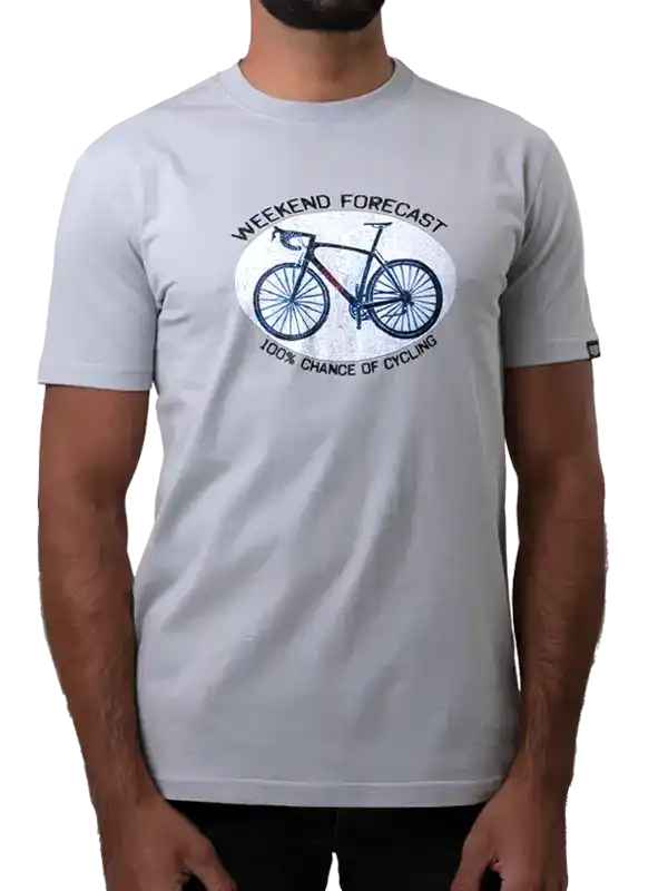 Men's cycling t-shirt with 'Weekend Forecast 100% Chance of Cycling' graphic and bike design