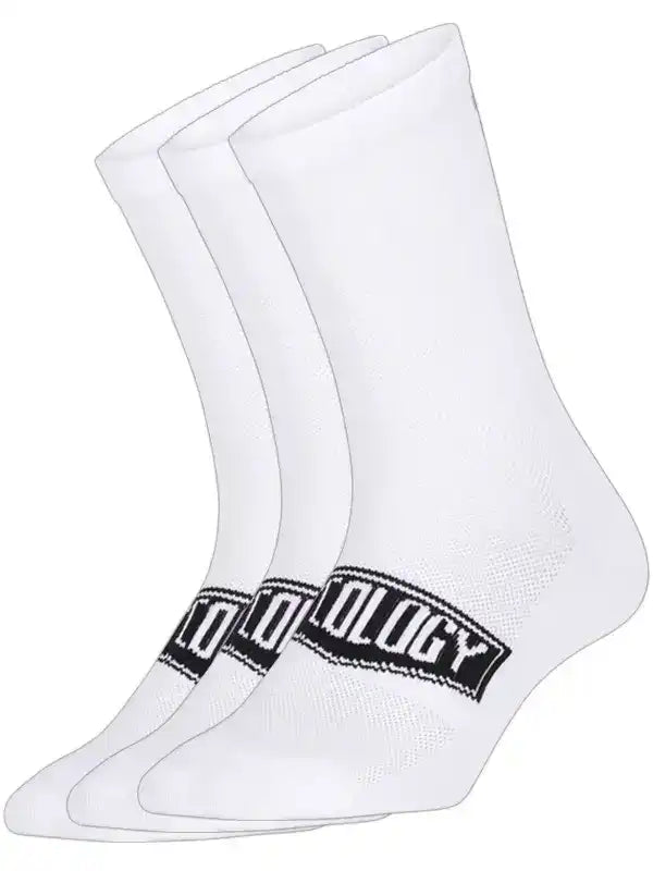 White cycling socks with black 'OLOGY' logo, breathable mesh design for men and women