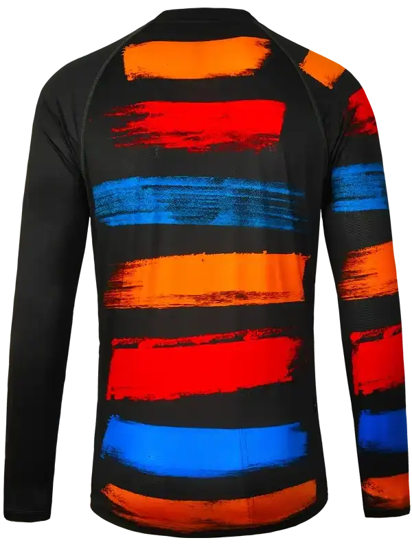 Men's long sleeve cycling jersey with bold red, blue, and orange brushstroke stripes on black