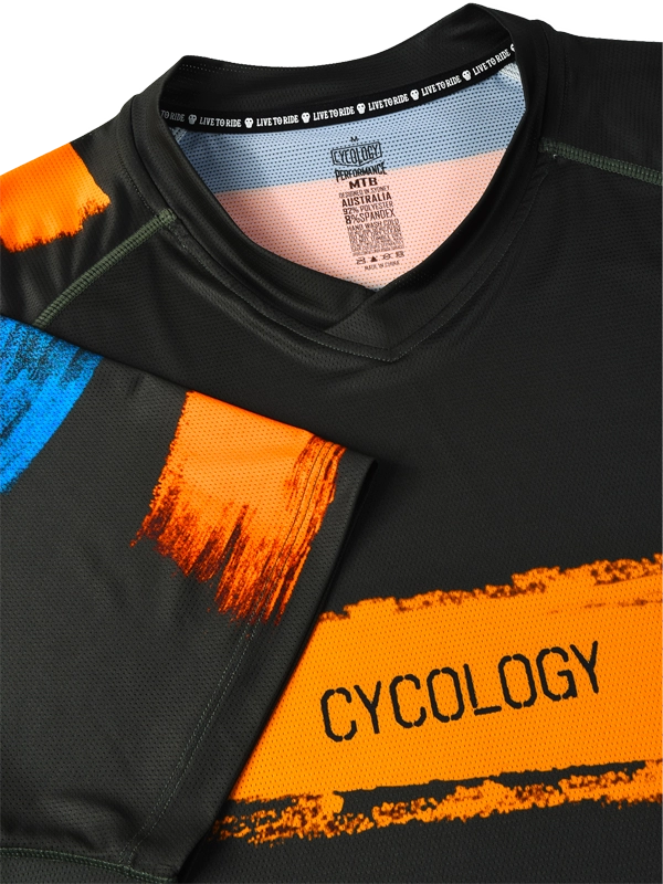 Men's Black Short sleeve MTB Shirt with colorful abstract stripes on back