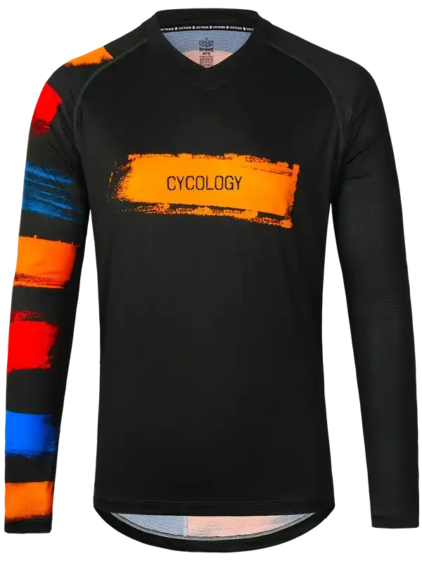 Men's black long sleeve cycling jersey with vibrant orange, red, and blue brushstroke design and CYCOLOGY logo