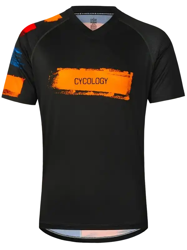 Black men's cycling jersey with bold orange 'CYCOLOGY' graphic and colorful sleeve accents, performance fabric