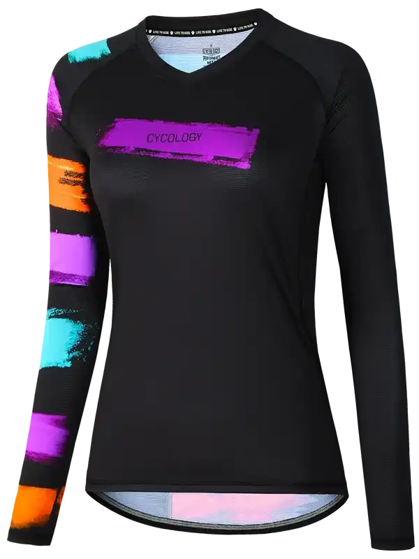 Black women's cycling jersey with colorful sleeve stripes and CYCOLOGY logo