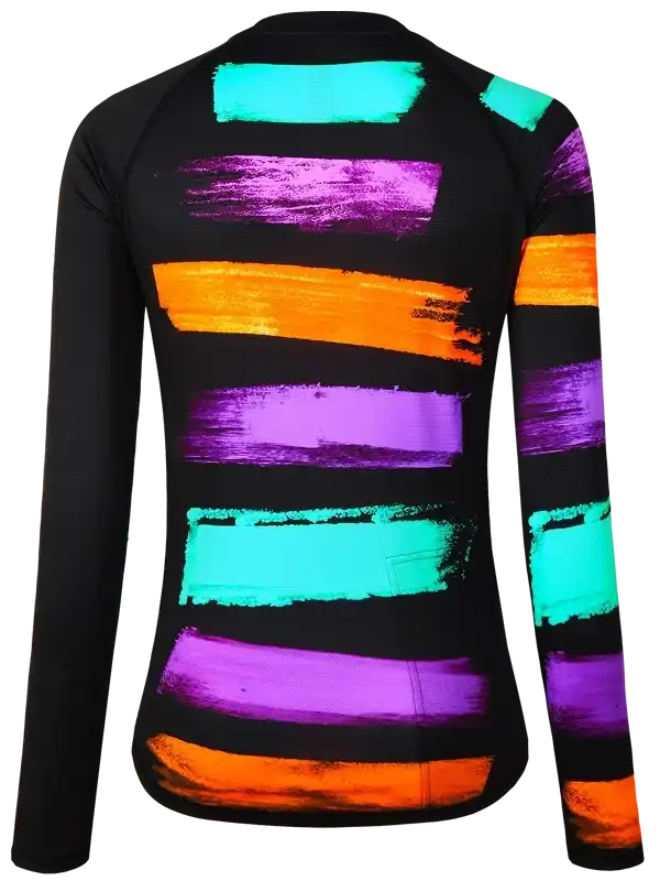 Black long-sleeve cycling jersey with vibrant neon brushstroke stripes in purple, orange, and teal.