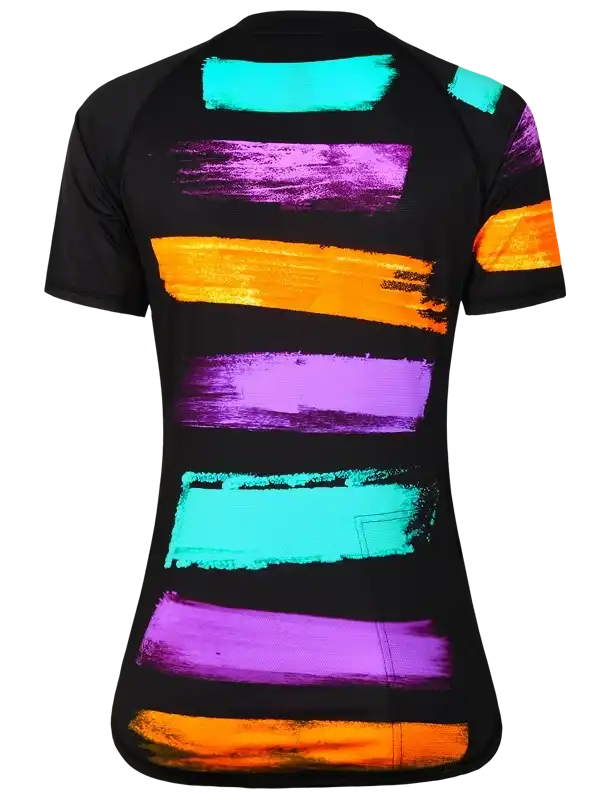 Women's cycling jersey with vibrant brushstroke stripes in purple, orange, and teal on black