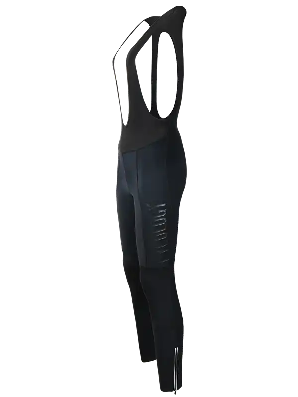 Black women's cycling bib tights with ergonomic straps and reflective detailing for road rides