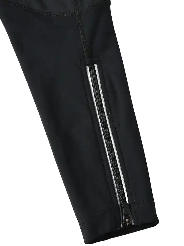 Black cycling pants with reflective zipper detail for visibility and comfort