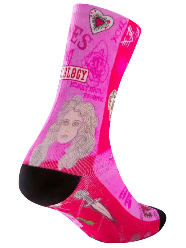 Pink cycling sock with graphic design, heart, and portrait, ideal for women's bike rides