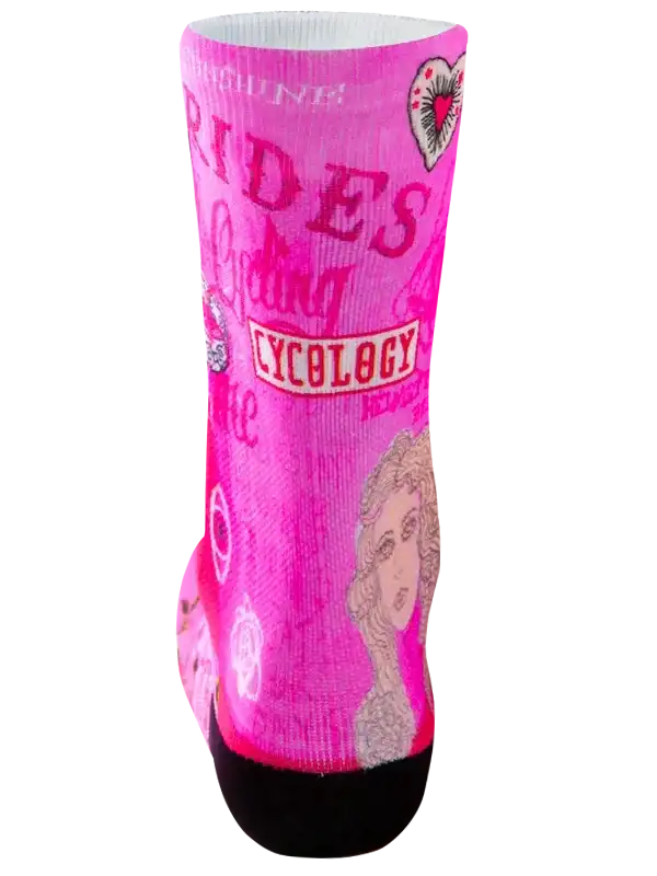 Pink cycling sock with 'Rides' and 'Cycology' text, heart and portrait design for women's bike wear