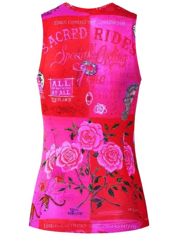 Vibrant pink and red cycling jersey with rose prints and bold text designs for women's cycling apparel.