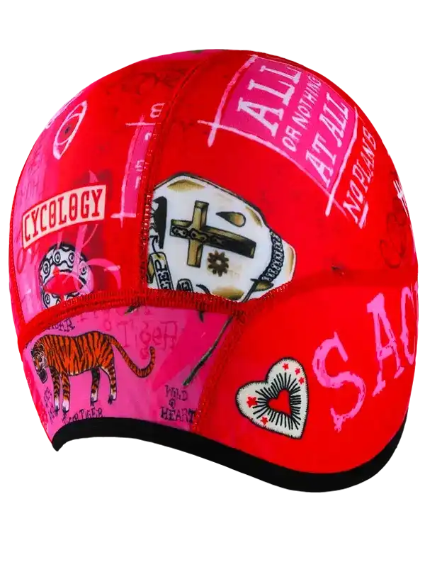 Red cycling cap with tiger, heart, and skull graphics, bold text design for men's and women's bike wear