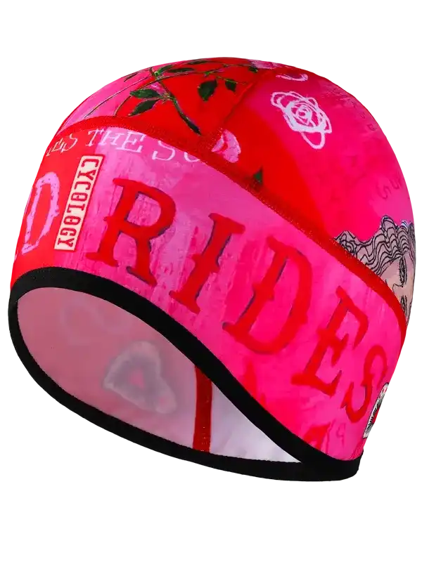 Pink cycling headband with 'RIDE' text and rose print, ideal for women's bike rides