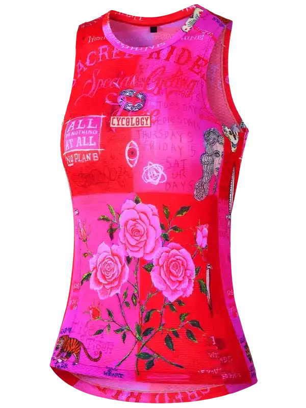 Women's red and pink cycling jersey with rose print and graphic text design
