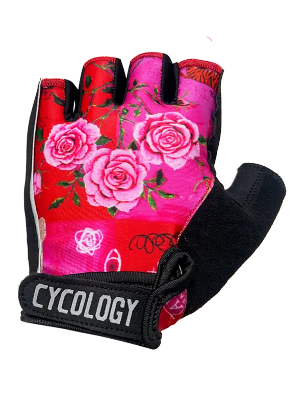 Glove with pink rose design and 'Cycology' branding 