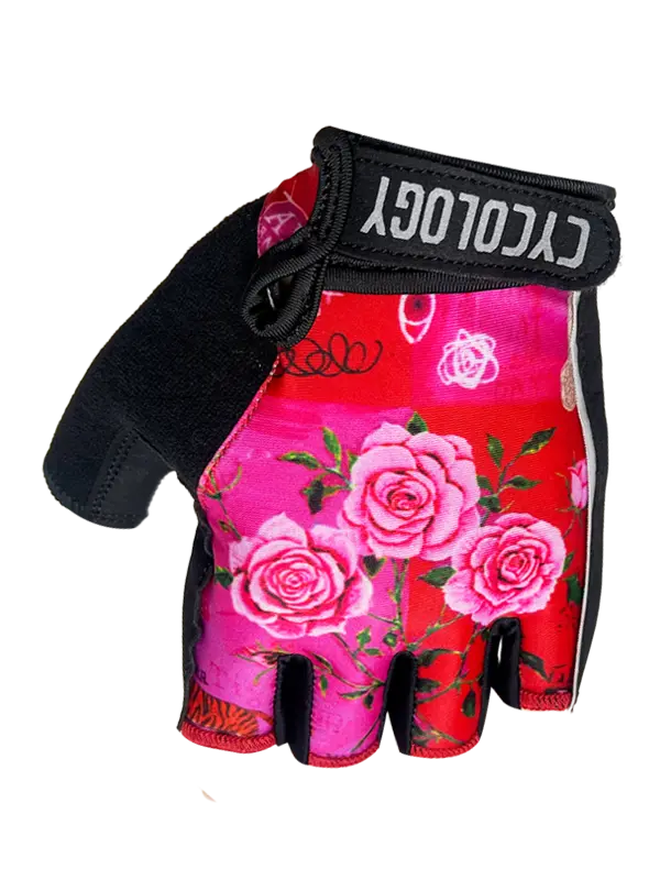 Glove with pink floral design and black wristband 
