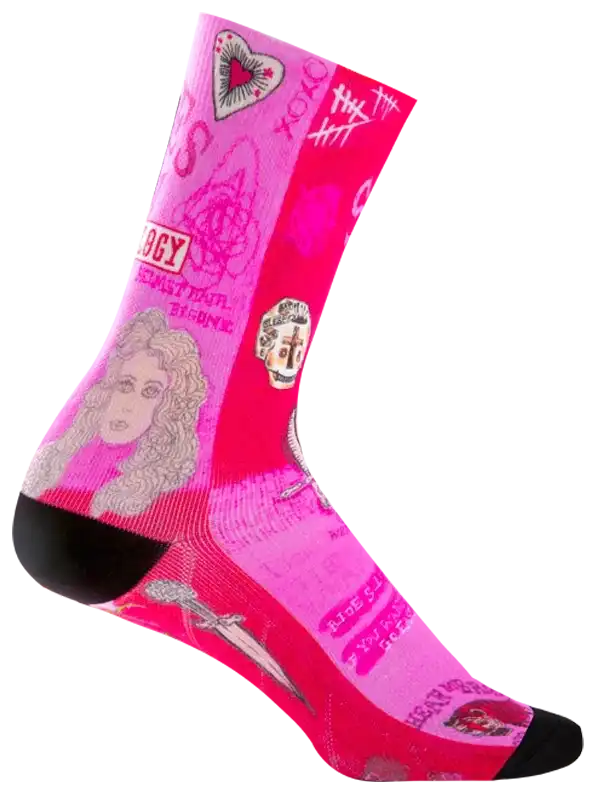 Pink cycling socks with rock band graphics, hearts, and swords for men and women