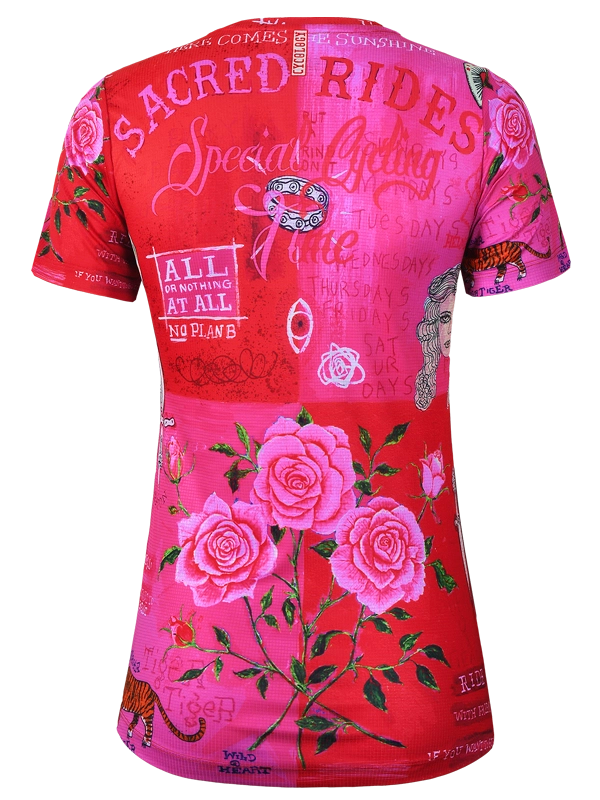 Technical women's T-shirt with red and pink rose design