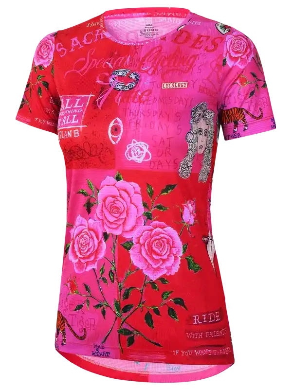 Women's pink cycling jersey with rose print and graphic design, ideal for road rides and casual wear.