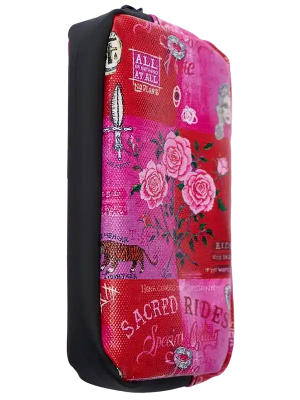 Pink floral cycling accessory bag with roses, sword, and 'Sacred Rides' text design