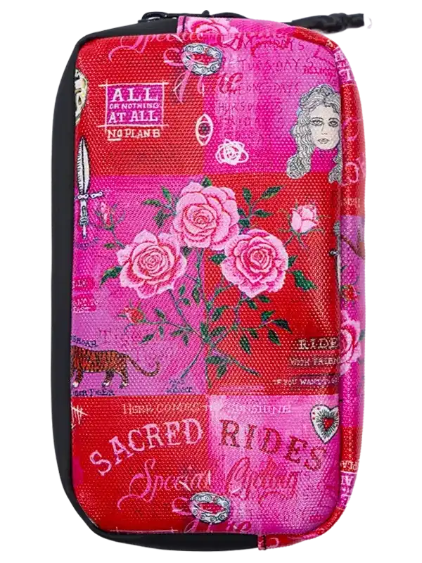 Pink and red cycling pouch with rose print, 'Sacred Rides' text, and vintage graphics for bike accessories.