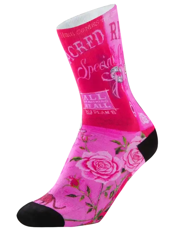 Pink cycling socks with rose floral print and bold text design for women's bike rides