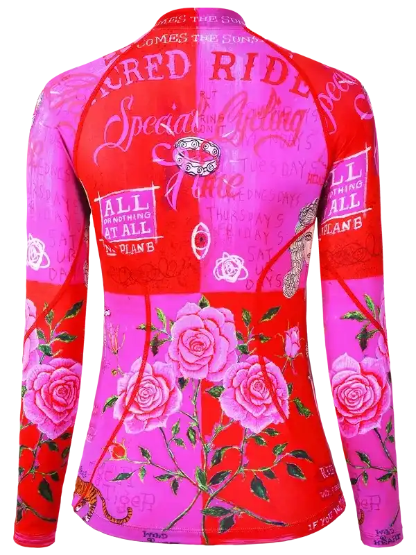 Women's long sleeve cycling jersey with pink roses and bold typography design