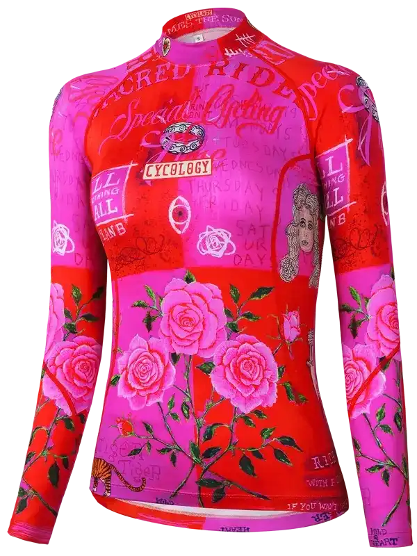 Vibrant pink and red long-sleeve cycling jersey with rose print and graphic text, ideal for women's road biking.