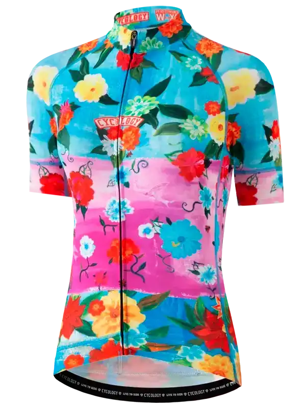Women's floral cycling jersey with vibrant blue and pink print, short sleeves, full zip