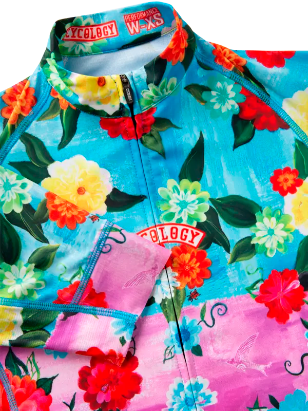Colorful floral-patterned wetsuit with Cycology branding 