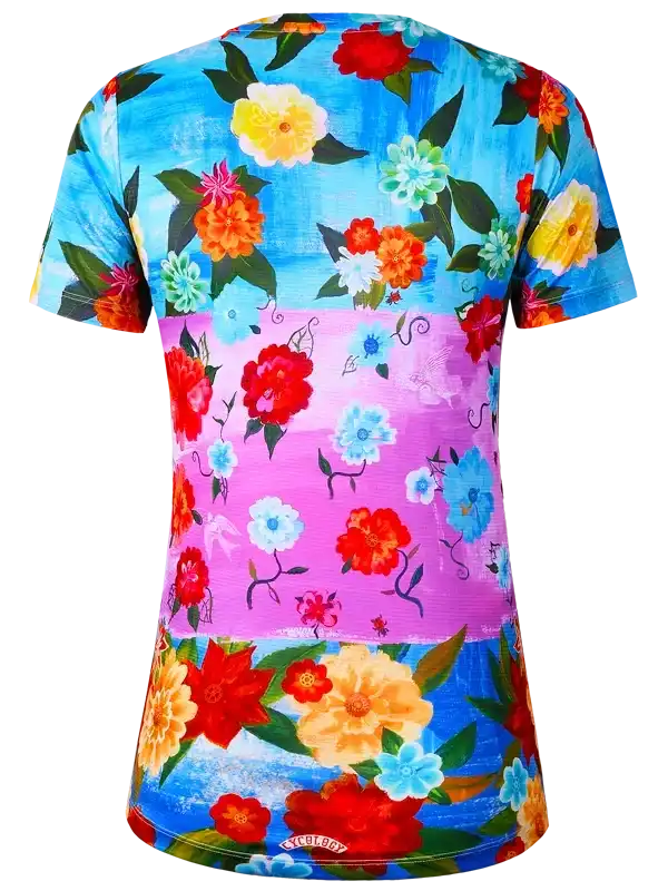 Women's cycling jersey with vibrant floral print on blue and pink background, short sleeve design
