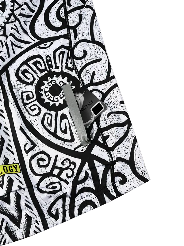 Zanzibar Men's White Long Sleeve Summer Cycling Jersey black and white tribal pattern on a white background with zip pocket 