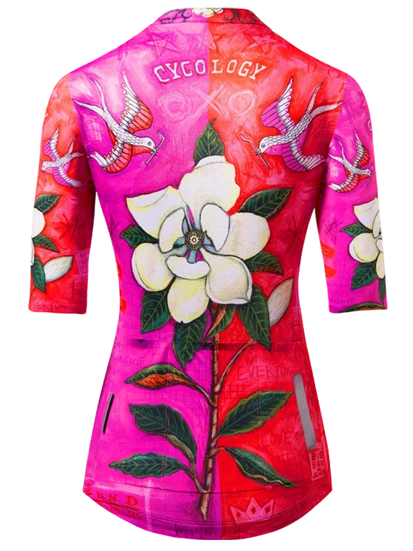Women's cycling jersey with floral and bird design  