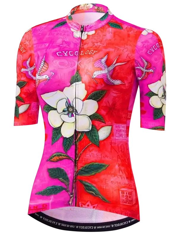 Women's cycling jersey with floral and bird print, vibrant pink and red design, short sleeves, full zip