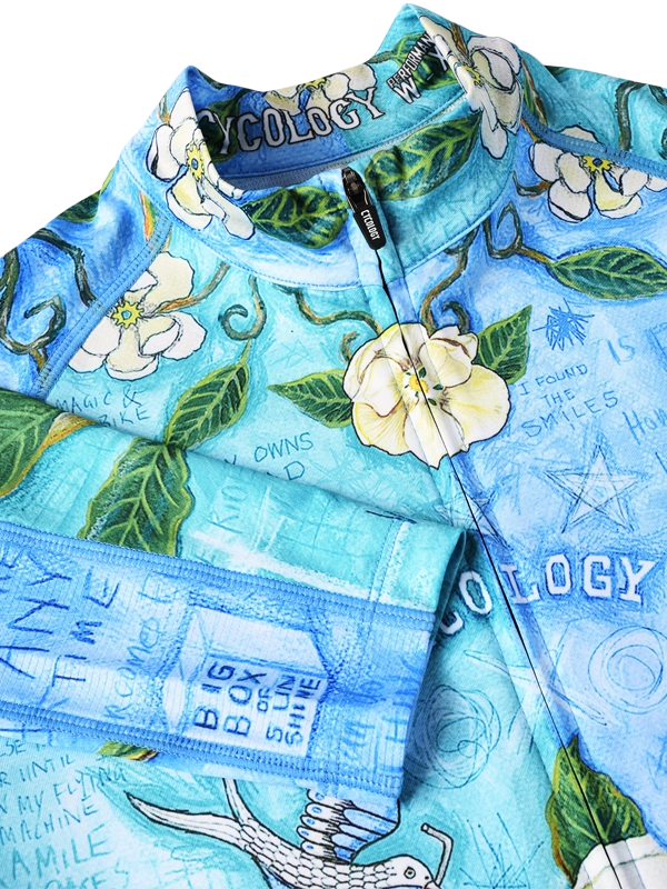 Blue women's long sleeve cycling jersey with floral and bird design
