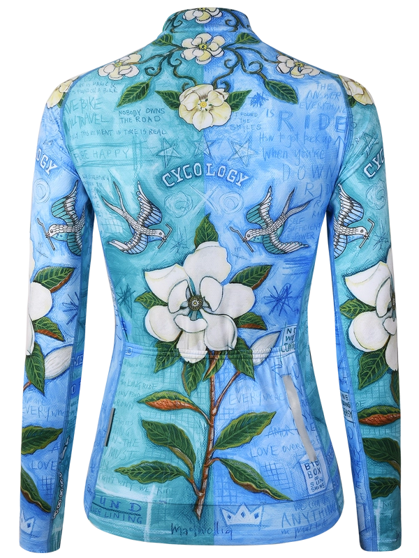 Long-sleeve cycling jersey with floral and bird design on a blue background