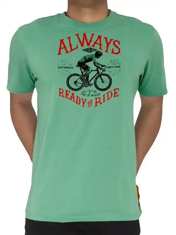 Mint green cycling t-shirt with 'Always Ready to Ride' graphic, perfect for men's bike apparel.