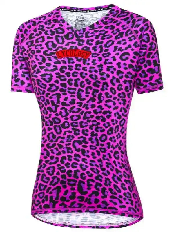 Women's pink leopard print cycling jersey with bold pattern and V-neck design