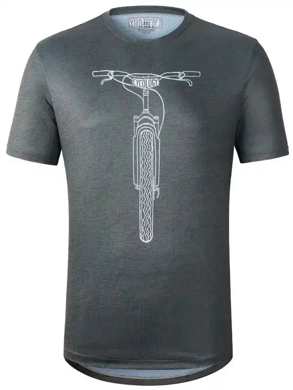Dark grey cycling t-shirt with white bike graphic, ideal for men's or women's bike rides
