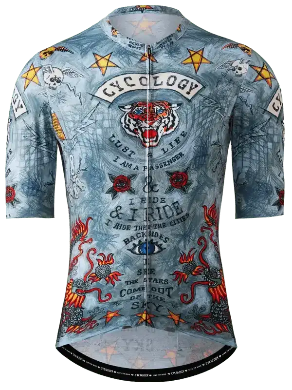 Men's cycling jersey with tiger, stars, and flame graphics, featuring bold text and unique design for road biking.