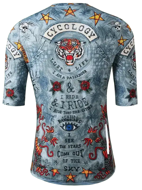 Men's cycling jersey with tiger, stars, roses, and bold graphics for road biking adventures