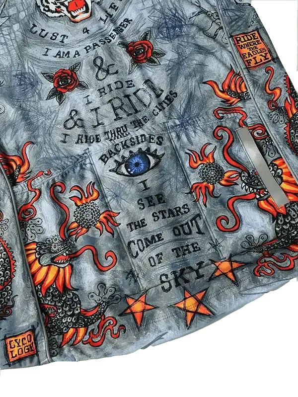 Cycling jacket with bold dragon, roses, and star graphics; edgy ride-themed print for men's or women's bike wear