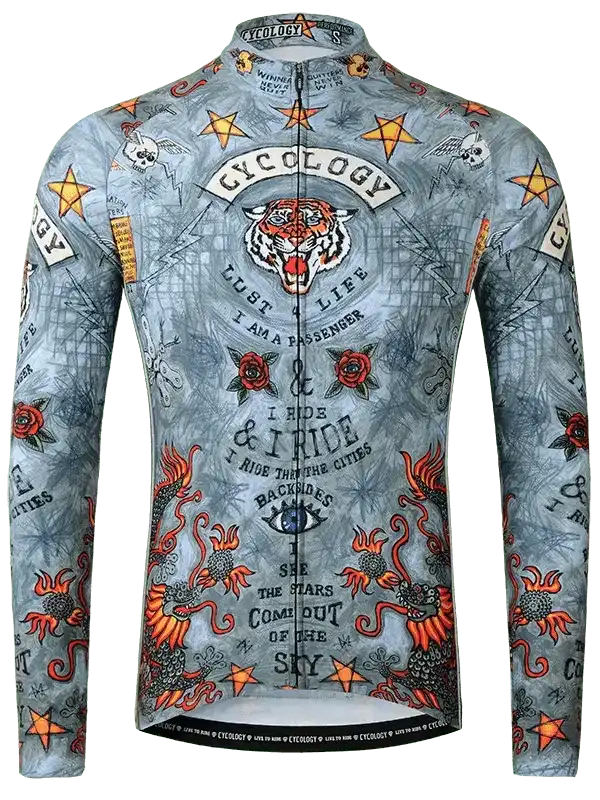 Men's long sleeve cycling jersey with tiger, roses, stars, and tattoo-style graphics on light blue fabric