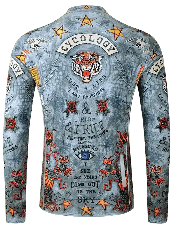 Men's cycling jersey with tiger, roses, stars, and bold graphics for road biking adventures