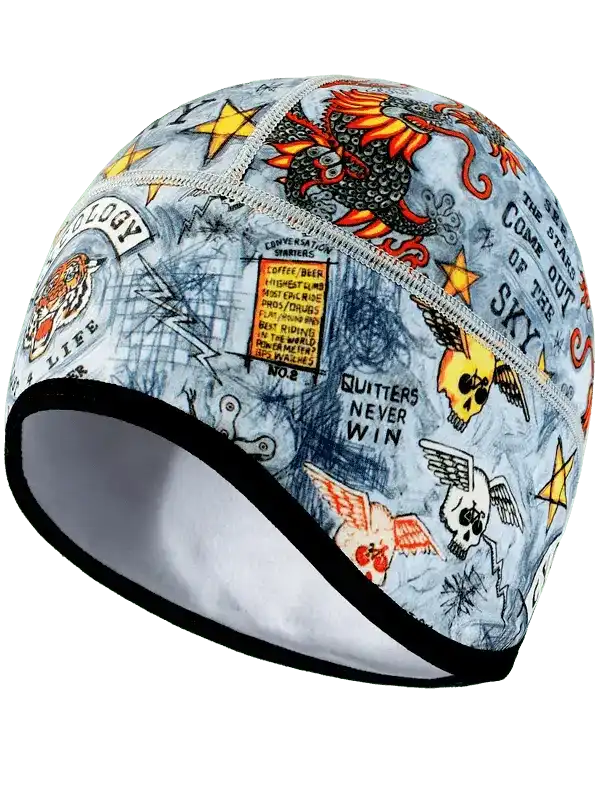 Cycling skull and dragon print beanie with motivational quotes, ideal for bike riders