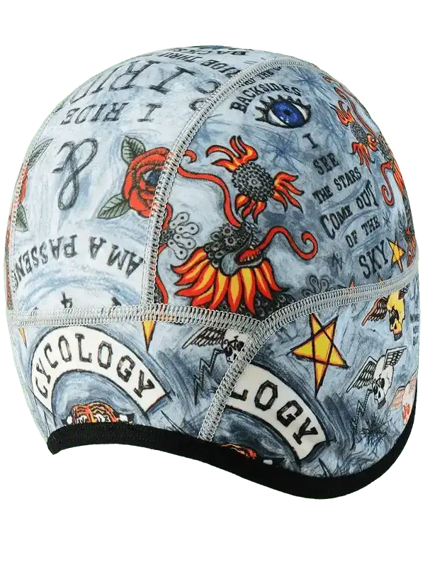 Cycling cap with tattoo-style graphics, roses, stars, and 'Cycology' text on light blue fabric