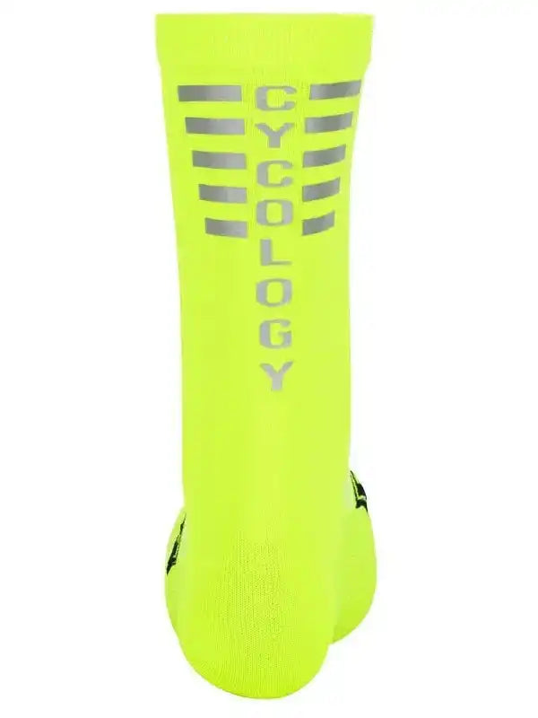 Bright neon yellow cycling sock with reflective 'CYCOLOGY' branding for visibility and performance