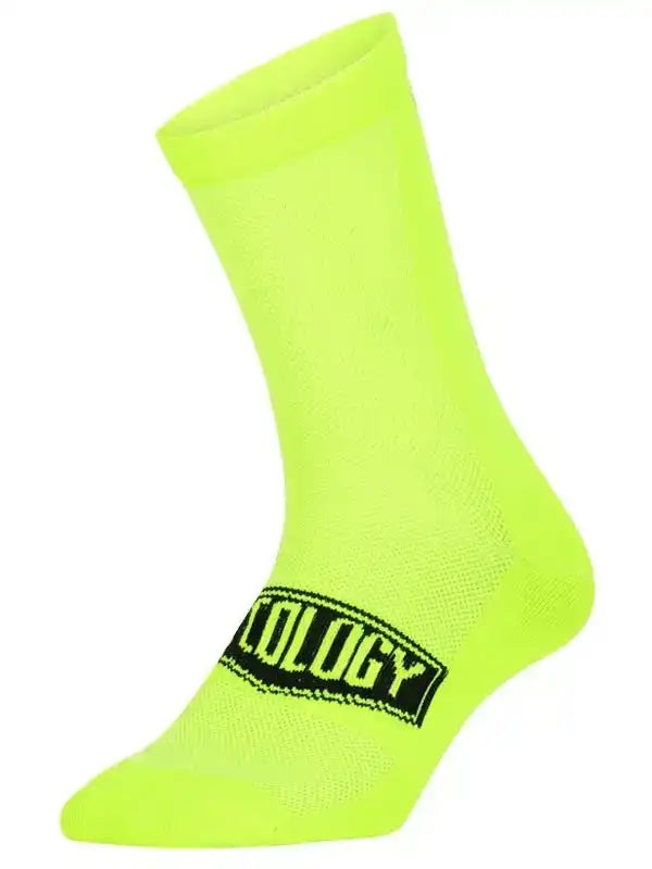 Neon yellow cycling sock with black logo, breathable fabric for men's and women's bike rides