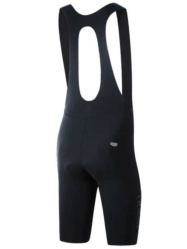 Black men's cycling bib shorts with padded chamois and ergonomic design for comfort and performance