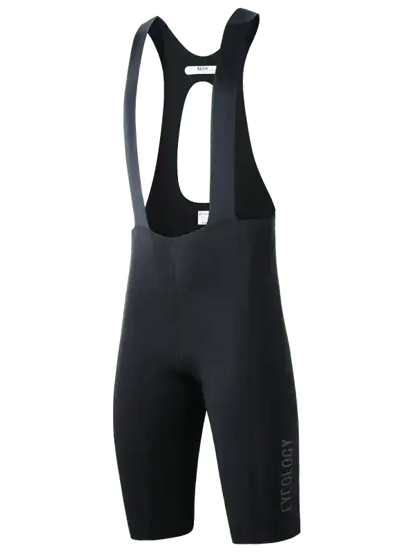 Black men's cycling bib shorts with ergonomic design and brand logo, ideal for road biking comfort.