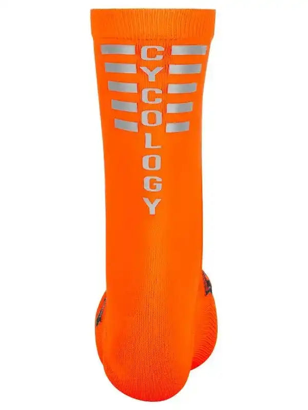 Bright orange cycling sock with reflective 'CYCOLOGY' text, ideal for men's and women's bike rides